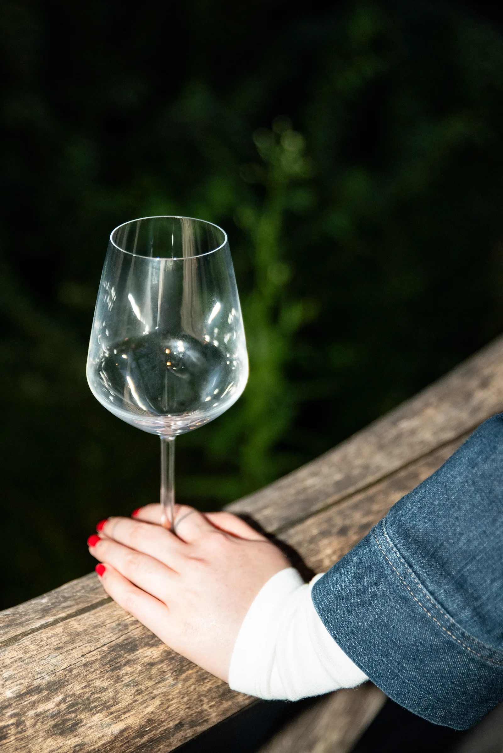 Empty wine glass held over a dark garden backdrop
